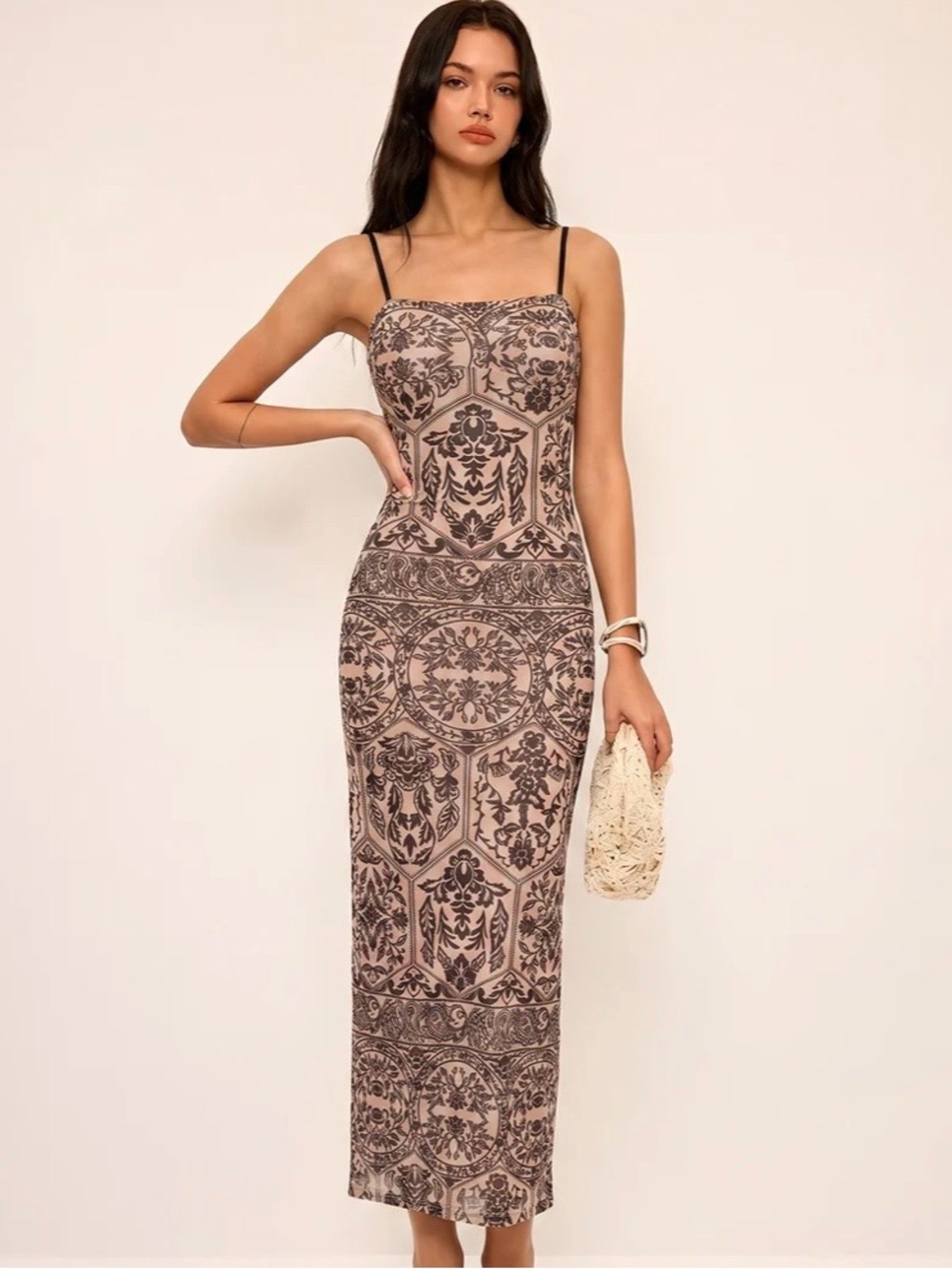 Commense Beige Maxi Dress with Brown Ornate Print - M